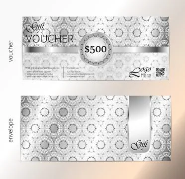 Voucher and envelope set, Gift certificate, Luxury Coupon template. Floral Illustrazione stock