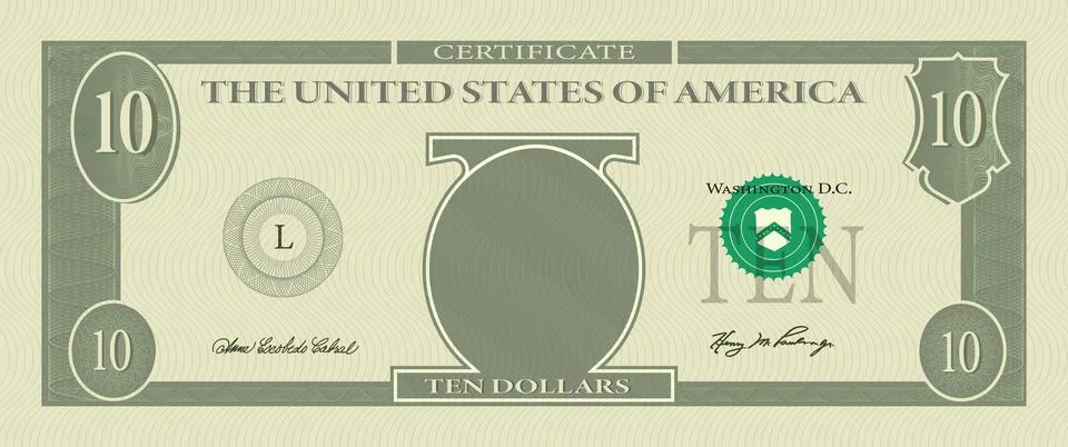 Voucher template banknote 10 dollars with guilloche pattern watermarks and Stock Illustration