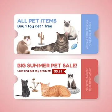 Voucher template with cute cat concept watercolor illustration Illustrazione stock