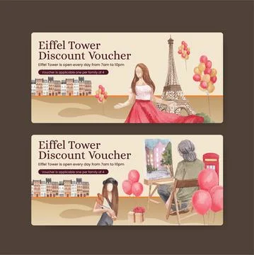 Voucher template with Eifel in Paris lover concept,watercolor style Stock Illustration