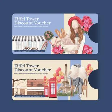 Voucher template with Eifel in Paris lover concept,watercolor style Illustrazione stock