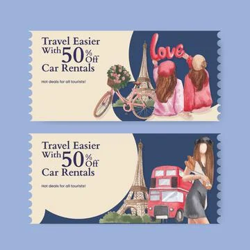 Voucher template with Eifel in Paris lover concept,watercolor style Stock Illustration