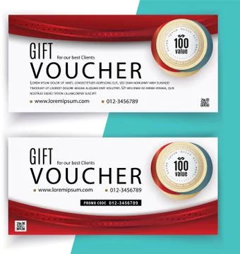 Voucher template with red design elements. Gift voucher value 100 dollars for Stock Illustration