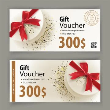 Voucher template with white gift red bow. Value 300 dollars for department 스톡 일러스트
