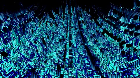 Voxel 3 Dimensional Blue Blocks City Of Light Fly Through Birds Eye View Stock Footage 247761762