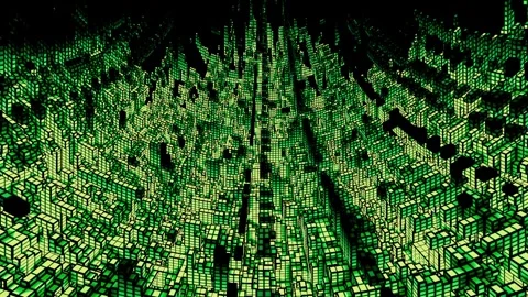 Voxel 3 Dimensional Green Blocks City Of Light Fly Through Birds Eye View Stock Footage 247761957