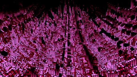 Voxel 3 Dimensional Red Blocks City Of Light Fly Through Birds Eye View Stock Footage 247762052