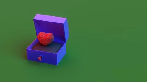 Voxel heart in blue open box with red key on green background Stock Illustration