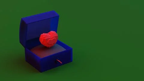 Voxel heart in blue open box with red key on green background Stock Illustration