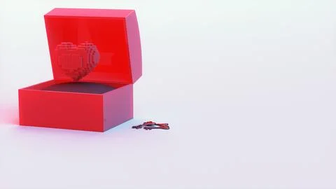 Voxel heart in red open box with metallic key on surface Stock Illustration