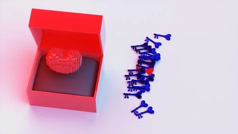 Voxel heart in red open box with scattered heart keys Illustration