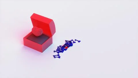 Voxel heart in red open box with scattered heart keys Stock Illustration