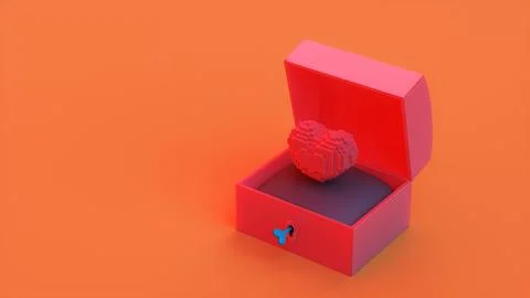 Voxel heart in red open box with blue key on orange background Stock Illustration