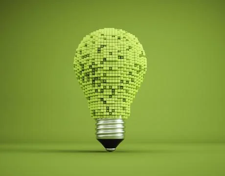 Voxel light bulb. Technological progress, digital innovation. Development c.. Ilustración de archivo