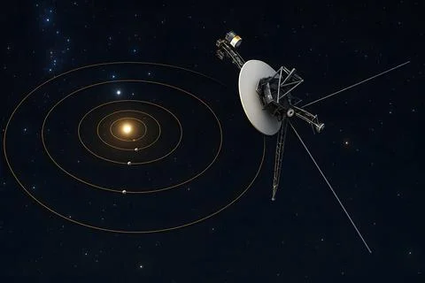 Voyager space probe exploring solar system with planetary orbits | 4K image Stock Illustration