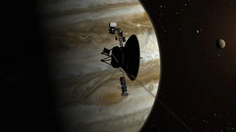 Voyager space probe orbiting Jupiter Stock Footage