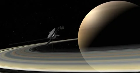 Voyager spacecraft making a close pass of Saturn. Stock Footage 62180515