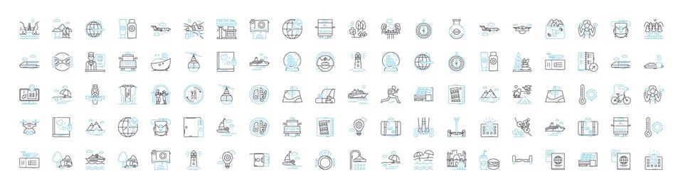 Voyages vector line icons set. Tours, Trips, Cruises, Journeys, Tours Stock Illustration
