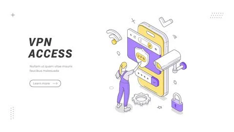 VPN Access And Secure Connection Isometric Vector Illustration Banner Templat Illustrazione stock