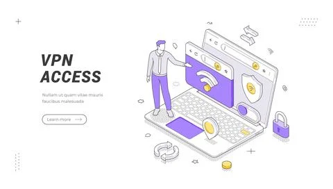 VPN access isometric banner template. Vector illustration for secure internet 스톡 일러스트