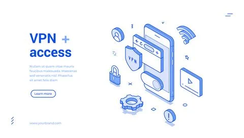 VPN access network location virtual security outline isometric web banner d.. Stock Illustration