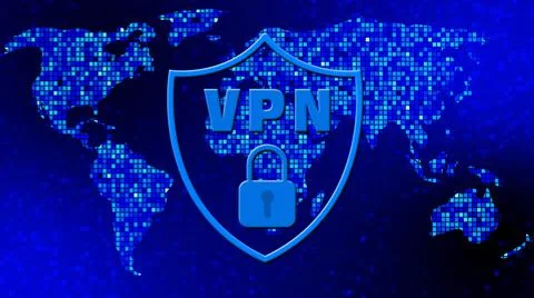 VPN blue logo in shield with padlock on world map over mosaic background Stock Illustration