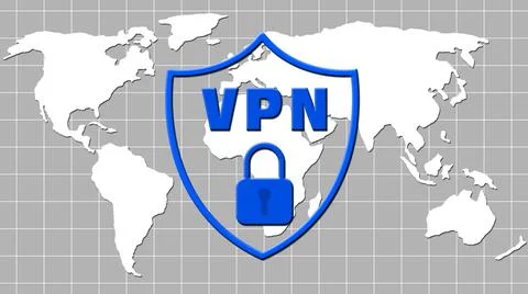 VPN blue logo in shield with padlock over grid pattern with white world map Stock Illustration