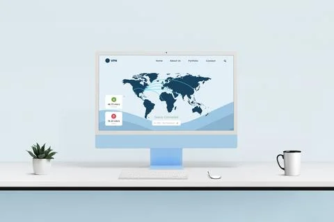 VPN dashboard with global server map, connection status and speed meter shown Stock Photos