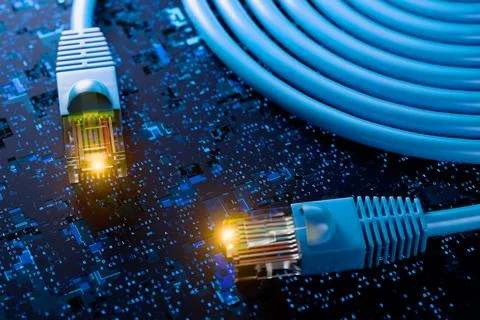 VPN encryption. Hosting providers. RJ45 cables and plugs against a technical Stock Illustration