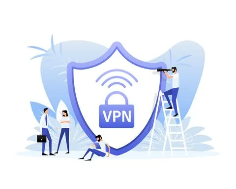 VPN flat blue secure badge on white background. Flat style characters.Vector Stock-Illustration