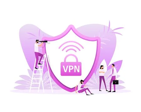 VPN flat blue secure badge on white background. Flat style characters.Vector Stock-Illustration