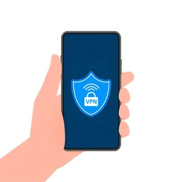 VPN flat blue secure label on smartphone screen. Vector illustration. Ilustração Stock
