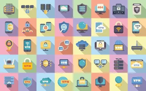 VPN icons set flat vector. Shield data Stock Illustration