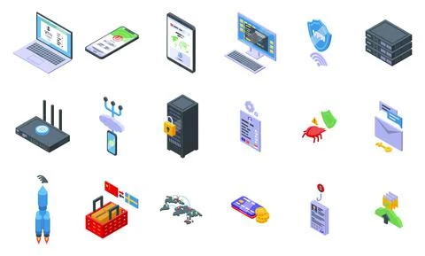 VPN icons set isometric vector. Protect shield Illustrazione stock