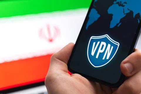 VPN in Iran. Secure and safe internet concept. Privacy. Hand with mobile phon Stock Photos