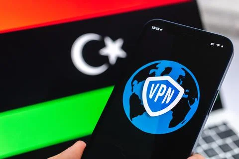 VPN in Libya. Secure and safe internet concept. Privacy. Hand with mobile pho Stock Photos