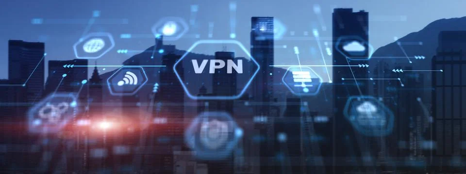 VPN network security internet privacy encryption concept. City background 스톡 사진