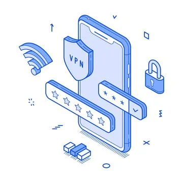 VPN network security smartphone application user privacy minimalist isometr.. Stock Illustration