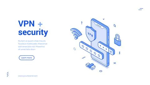VPN network technology smartphone application security isometric web banner v Stock Illustration