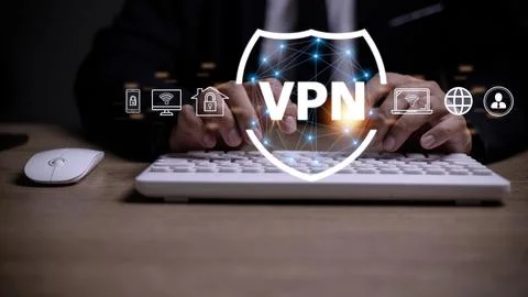 VPN secure connection concept. Person using Virtual Private Network technol.. Stock Photos