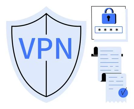 VPN Security Concept with Shield and Data Protection Elements Stock Illustration