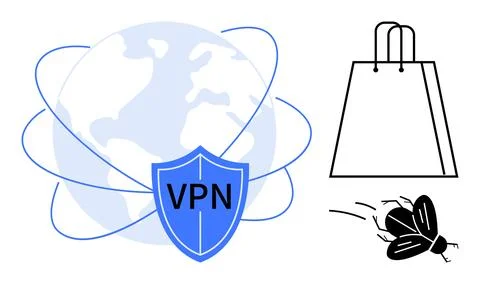 VPN Security with Global Connectivity, E-Commerce Shopping Bag, and Bug Fix.. Stock Illustration