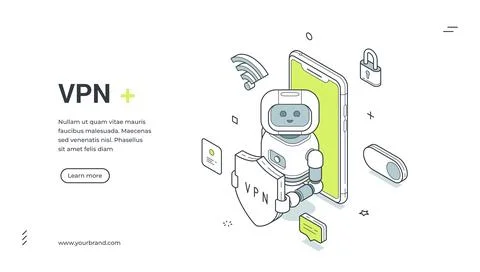VPN security isometric banner. Robot with shield on a smartphone for data pro Illustrazione stock