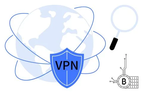 VPN Security Shield with Global Connectivity and Digital Elements Stock Illustration