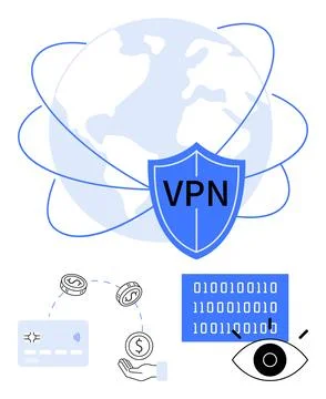 VPN Security Shield Protecting Global Data Exchange and Privacy Stock Illustration