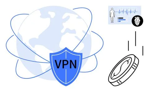 VPN Security Shield Protecting Global Connectivity, Health Data, and Digital Stock Illustration