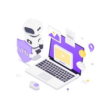 VPN Security Technology With AI Robot And Laptop Isometric Vector Illustratio Stock Illustration