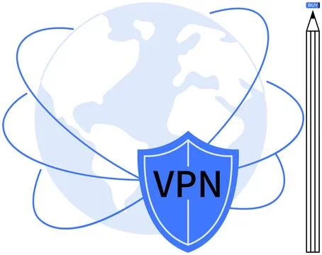 VPN shield in front of globe with connected lines, pencil on side representin Stock Illustration