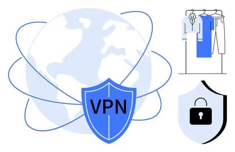 VPN shield in front of globe with orbit lines, clothes hanging on rack, and l Stock Illustration