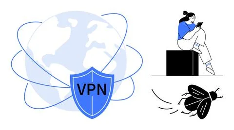 VPN shield icon over the globe with interconnected lines, woman on a cube usi Stock Illustration